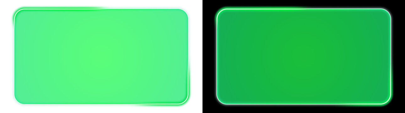Glowing green neon rounded rectangle frame with luminous outline on transparent background, isolated cutout for design overlay