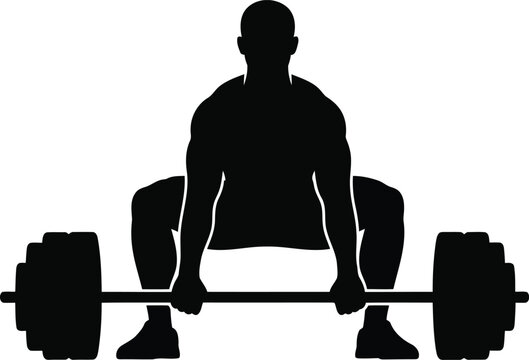 Silhouette of Weightlifter Deadlifting Barbell on White Background, Strength Training Fitness Concept