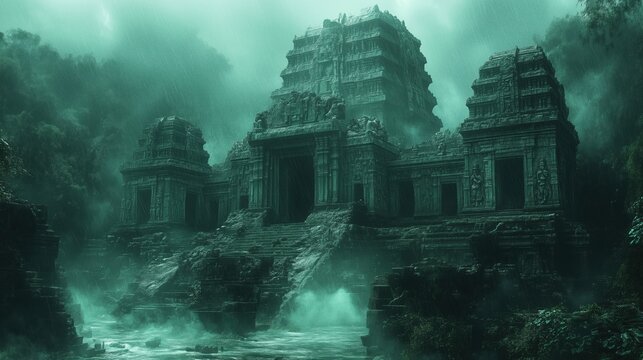 Dramatic psychedelic portrayal of a ruined temple altar surrounded by cosmic dust and glowing energy waves in a dark, ominous space environment with mystical light.