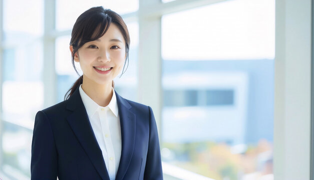 日本人のビジネスウーマン、笑顔の清々しい清潔感あふれるスーツ姿の女性。ほぼ正面向き、背景はハイキー調で、ボケたビルが写っている。