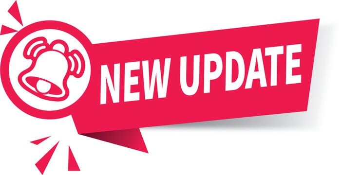 New Update Speech Bubble. A red label ringing with a new update label banner for a mobile app. A web banner with a notification bell. Announcement for a new update. Vector illustration.
