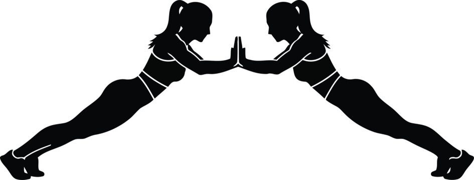 Two athletic women doing plank push-ups facing each other, black silhouette fitness exercise on white background