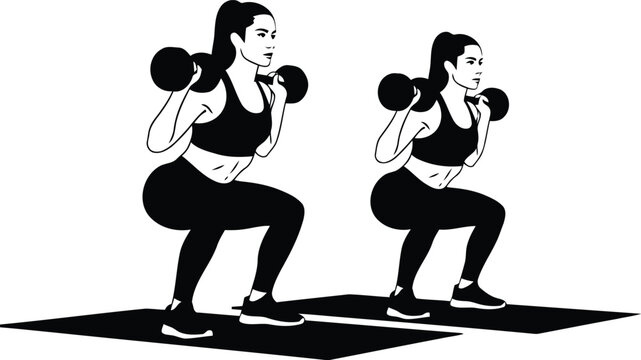 Two women performing squat exercise in black and white fitness silhouette illustration