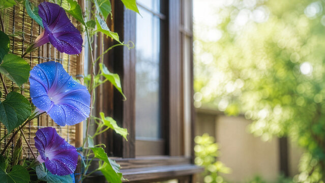 夏の窓辺を彩る朝顔 すだれと和の風情が美しい日本の朝
