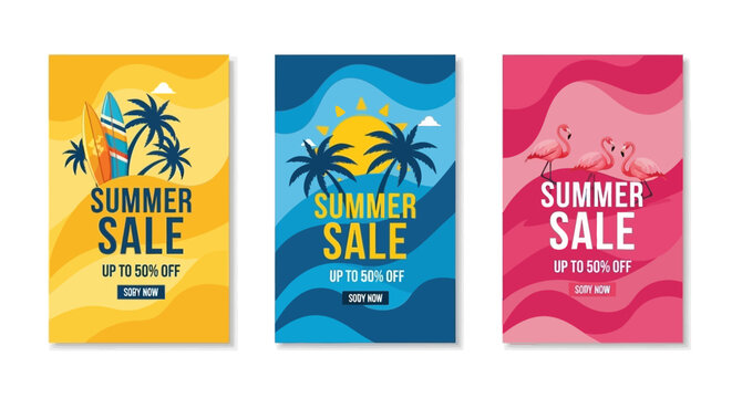Summer sale banners set with tropical beach elements like palm trees, surfboards, and flamingos for fashion marketing and promotional social media posts