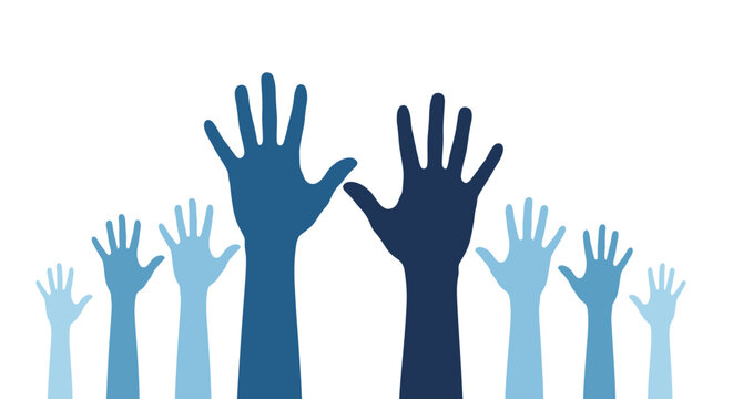 Silhouettes of many blue hands raised up for volunteerism, teamwork, and community support concept isolated on white background