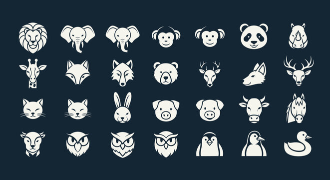 Large collection of minimalist white animal head icons and logos on a dark background featuring wildlife and domestic animals.