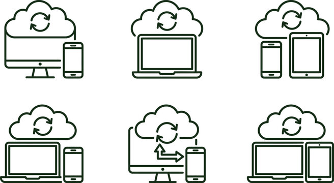 Silhouette icons of devices syncing with cloud storage