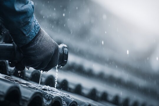 Gloved hands clearing ice from a roof gutter in winter. Cold weather home maintenance, repair, and installation work on frozen house drainage system.
