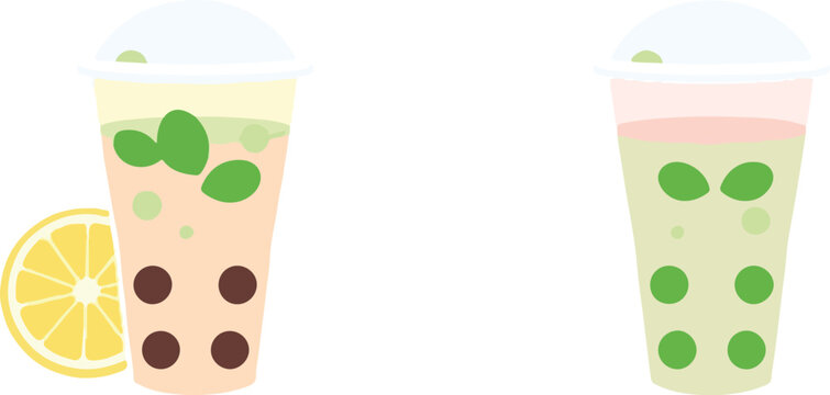 Two Bubble Tea Cups with Tapioca Pearls Mint Leaves and Lemon Slice