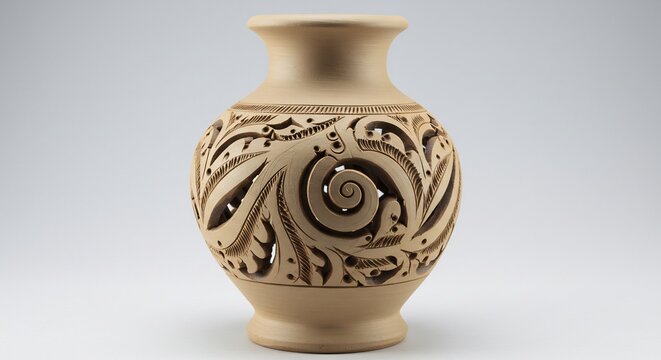 Handcrafted ceramic vase beautifully carved with intricate swirling patterns and delicate cutouts showcasing unique artistry. AI Generated