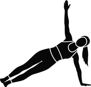 Female yoga silhouette performing side plank exercise with raised arm on white background