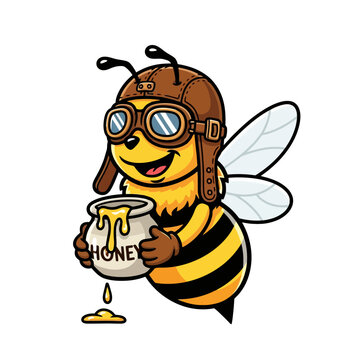 Cute cartoon bee wearing aviator hat holding honey pot.