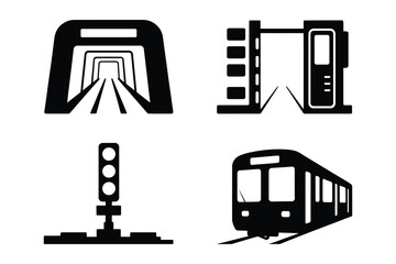 Train station tunnel and signal icons with transport railroad locomotive © Sadek