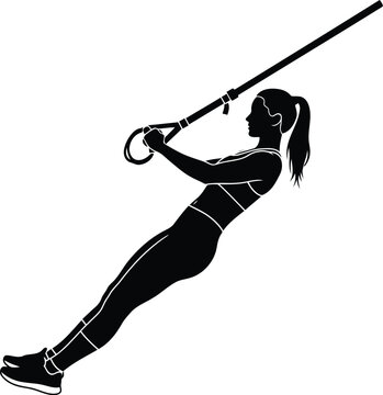 Woman Performing TRX Suspension Training Silhouette Isolated on White Background