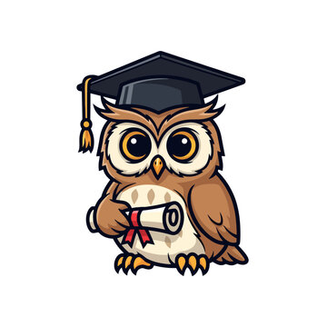 Cute cartoon owl graduate holding diploma in graduation cap.