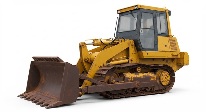 Robust yellow track loader earthmoving machine with strong metallic bucket isolated in a bright studio light setup. AI Generated