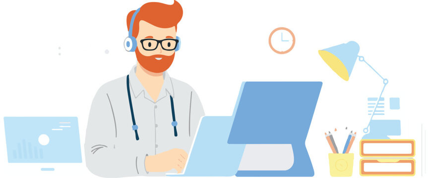 Bearded Man Wearing Headset Working at Computer Desk for Customer Support