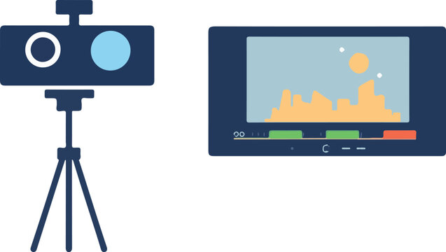 Video Camera on Tripod and Display Monitor with Landscape Scene for Filmmaking