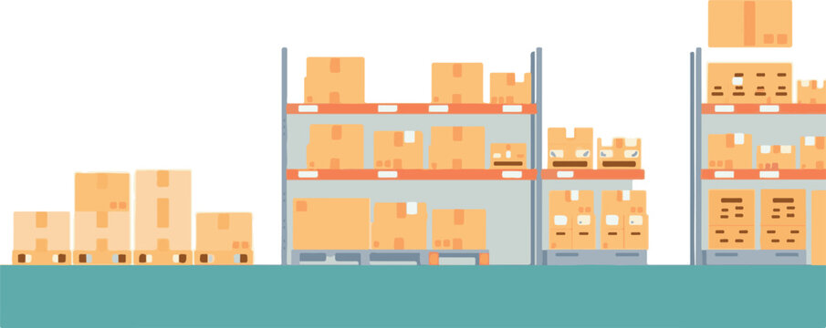 Cardboard Boxes on Warehouse Shelves and Pallets for Storage and Distribution