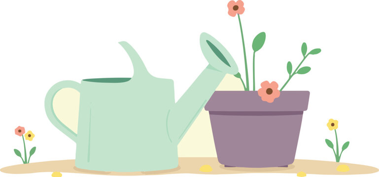 Watering Can and Flower Pot with Blooming Plants for Home Gardening