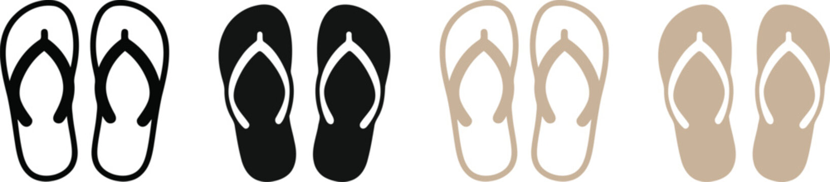Set of flip flop sandal icons in black and beige outline and solid styles for summer fashion design