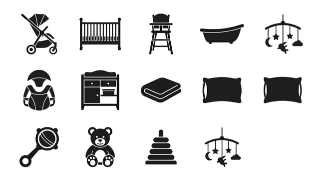 Flat silhouette vector icon set of 12 baby accessories  baby stroller silhouette  baby crib silhouette  high chair silhouette  baby bathtub silhouette  baby carrier silhouette  changing table silhouet