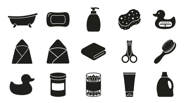 icon set of 12 baby bath and hygiene items  baby bathtub silhouette  baby soap bar silhouette  baby shampoo bottle silhouette  soft sponge silhouette  bath thermometer silhouette  baby towel hooded si