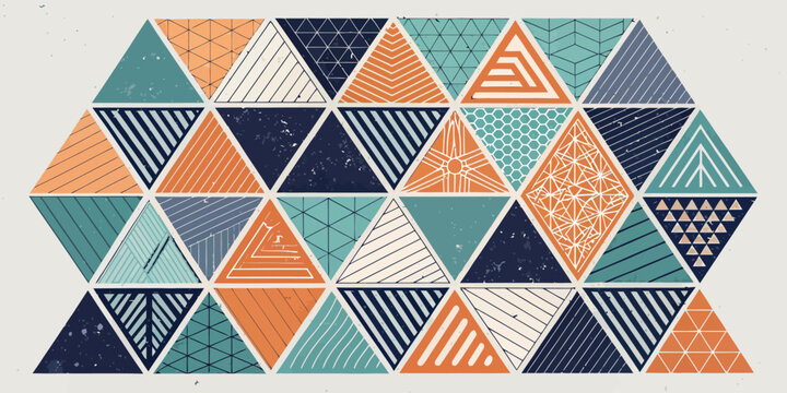 Mosaic of triangles with geometric patterns and textured background abstract design triangles geometric abstract background illustration colorful composition decorative creative abstracted