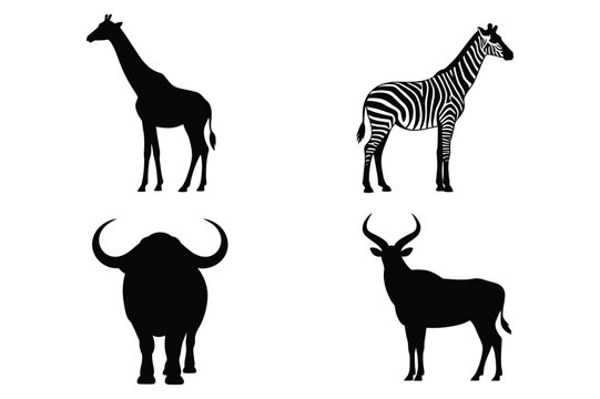 African safari wild animal silhouettes vector collection featuring giraffe