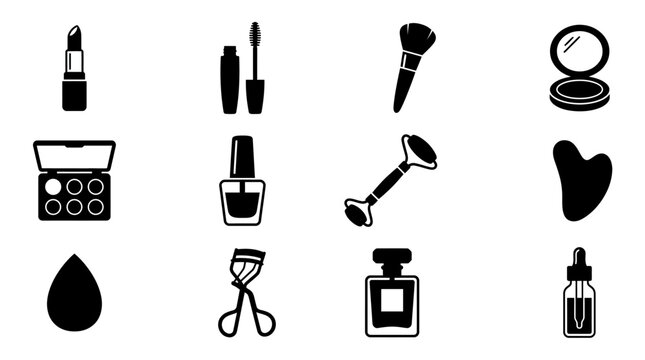lipstick silhouette  mascara tube silhouette  makeup brush silhouette  powder compact silhouette  eyeshadow palette silhouette  nail polish bottle silhouette  facial roller silhouette  gua sha stone 