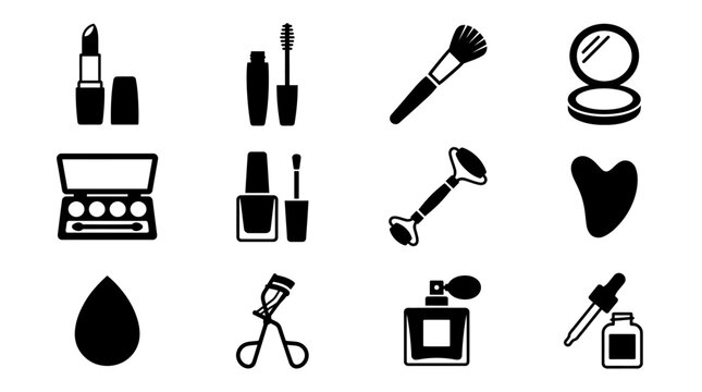 lipstick silhouette  mascara tube silhouette  makeup brush silhouette  powder compact silhouette  eyeshadow palette silhouette  nail polish bottle silhouette  facial roller silhouette  gua sha stone 