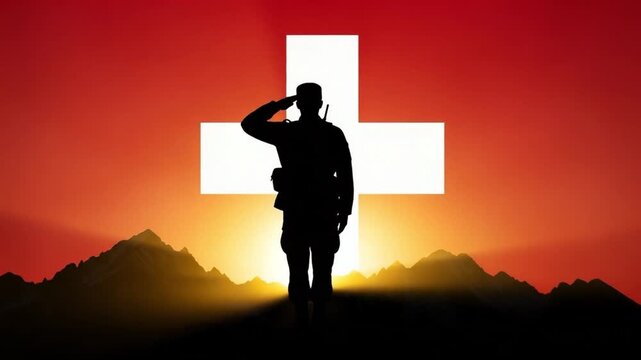 Silhouette of a Swiss soldier saluting against a national flag and mountain sunset background for memorial day