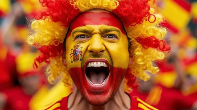 Passionate Spanish male soccer fan with face paint and curly wig cheering loudly at stadium