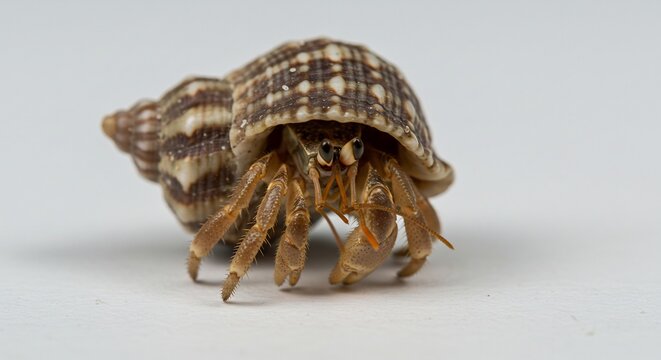 Tiny hermit crab peeks from its ornate shell studio macro shot on a bright white background. AI Generated
