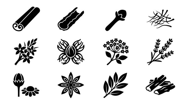  cinnamon stick silhouette  cassia bark silhouette  clove flower silhouette  saffron threads silhouette  pandan flower silhouette  nutmeg flower %28mace%29 silhouette  elderflower silhouette  lavender