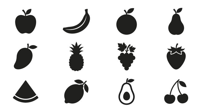  apple silhouette  banana curved shape  orange round form  pear silhouette  mango shape  pineapple silhouette  grape cluster shape  strawberry silhouette  watermelon slice shape  lemon silhouette  