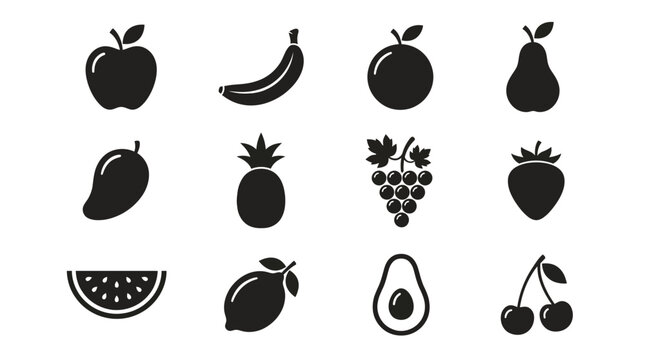  apple silhouette  banana curved shape  orange round form  pear silhouette  mango shape  pineapple silhouette  grape cluster shape  strawberry silhouette  watermelon slice shape  lemon silhouette  