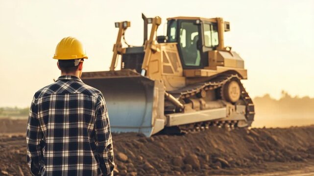 Male Site Supervisor Overseeing Rural Infrastructure Development with Heavy Earthmoving Bulldozer