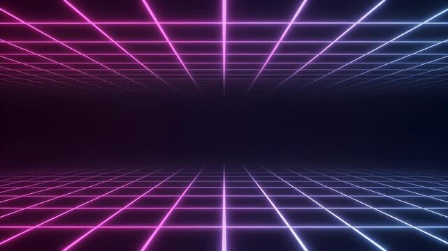 A retro-futuristic neon grid tunnel with glowing pink and blue lines extending into a dark void, creating a digital perspective.