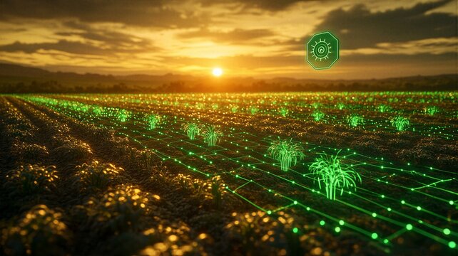 Smart agriculture concept with digital glowing grid field and data analysis icons at sunset
