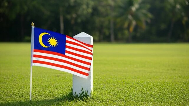 Malaysian flag waving on a small pole in a green grassy field for national independence day celebration