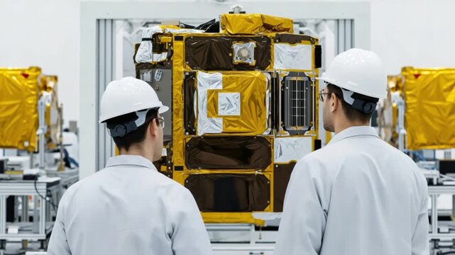 Male aerospace technicians performing satellite assembly and quality testing in a clean room lab