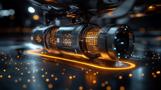 Futuristic mechanical capsule device with golden wireframe display glowing on floor