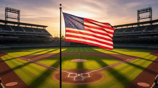 American Flag Waving Over Empty Baseball Stadium at Sunset Golden Hour