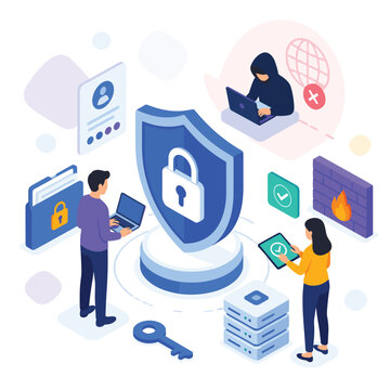 Digital Cybersecurity Concept Illustration with Diverse Individuals Engaged in Data Protection Tasks