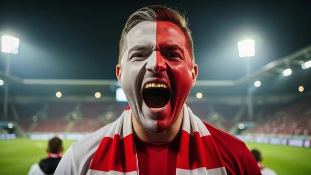 Passionate young male soccer fan with red and white face paint cheering loudly in a crowded stadium