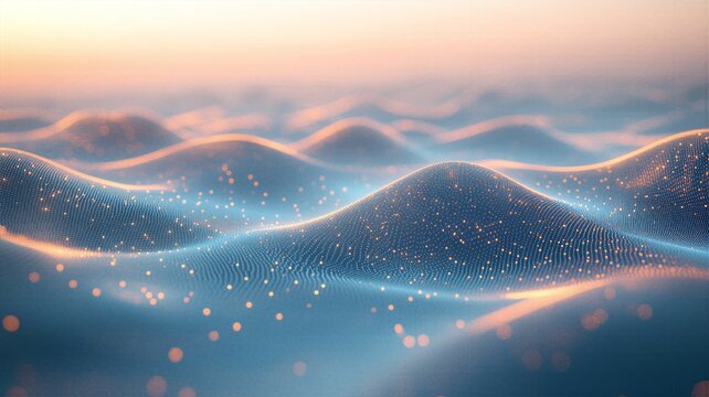 3D digital topography terrain with glowing golden particles on wavy smooth surface