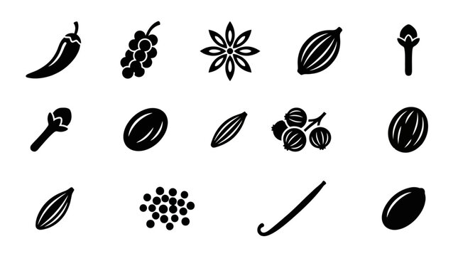 chili pepper silhouette  black pepper cluster silhouette  star anise silhouette  cardamom pod silhouette  clove bud silhouette  nutmeg seed silhouette  coriander seed cluster silhouette  cumin seed