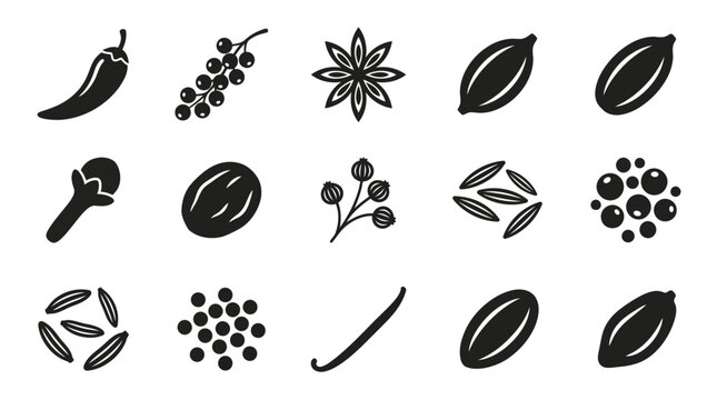 chili pepper silhouette  black pepper cluster silhouette  star anise silhouette  cardamom pod silhouette  clove bud silhouette  nutmeg seed silhouette  coriander seed cluster silhouette  cumin seed